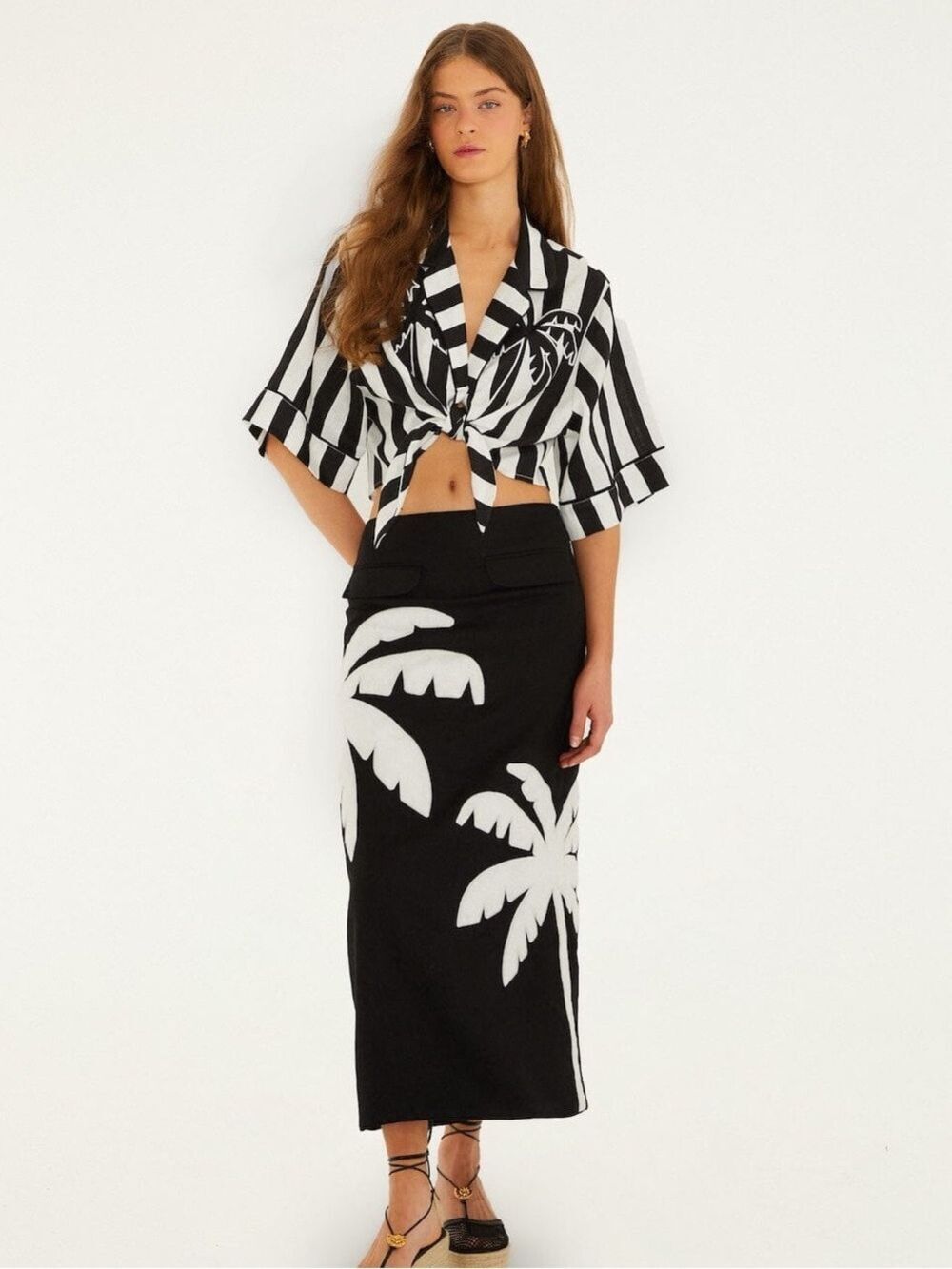 Farm Rio Black Embroidered Palm Tree Maxi Skirt